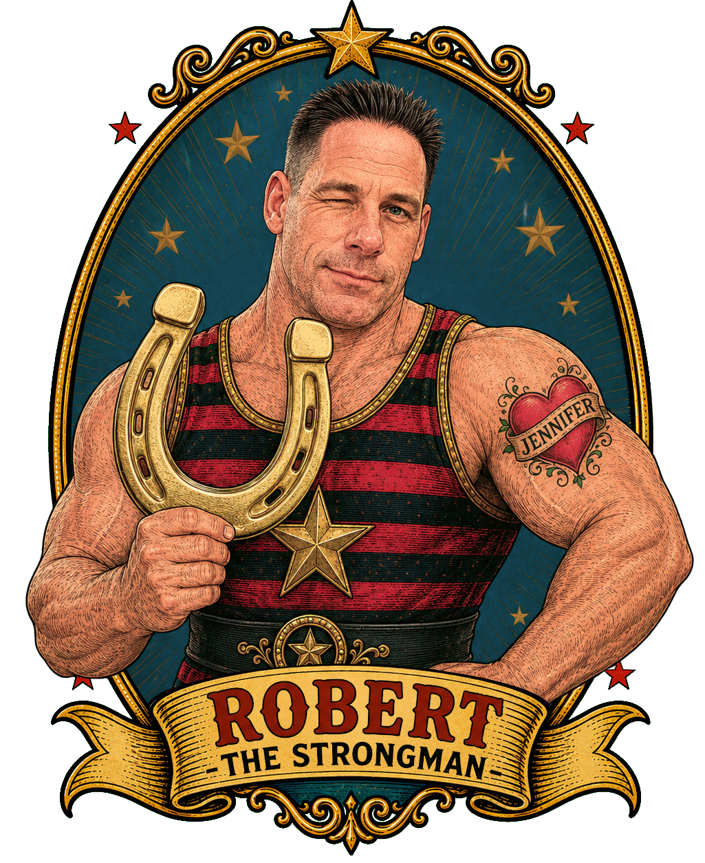 Robert the strongman holding a horseshoe