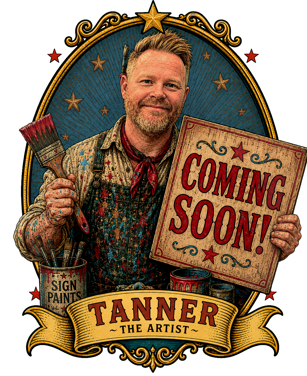 Tanner the artist holding a Coming Soon sign